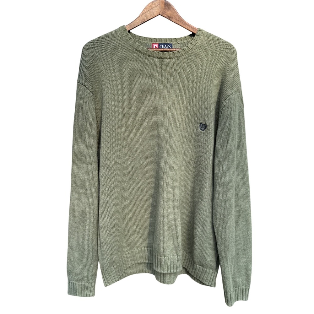 Chaps‎ Pullover Sweater Men's 2XL Green Cable Knit Long Sleeve 100% Cotton Crew
